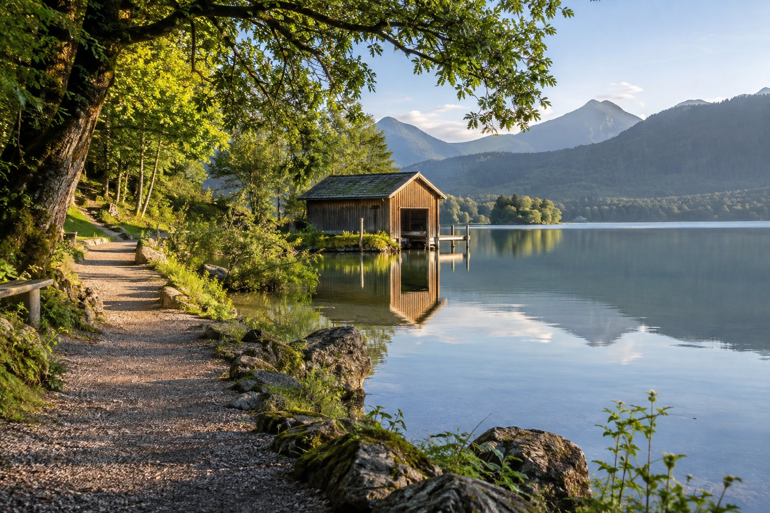 A lakeside path beside a wooden boathouse