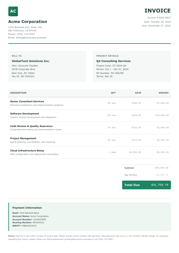 Custom invoice rendered from HTML and CSS